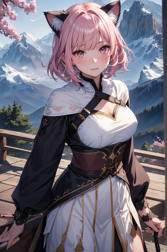 beautiful details한 소녀, clear and beautiful, glowing skin, female, no, young, 20 years, Short hair, Short hair, silver hair, ((turkish costume, white and pink )) beautiful details, warm face, beautiful and delicate eyes, middle 가슴, brown eyes, real skin texture, Very nice 8KCG wallpaper, Very cool 8K CG wallpaper, Watercolor (middle), female warrior, (((cat ears))), (((dark, dark Night, midnight))) (((nature background, mountain, wood))), ((outdoors)), upper body cut, holding a sword in his hand, The costume is white