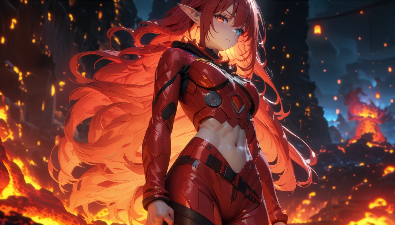 masterpiece, Best quality, 1 girl,Drow, Female, pointed ears, only, aboutдин раз, navel, hood, colored leather, Diaphragm, Looking at the viewer, long hair, Layer, dark Elf, old, kana, hood, cable, old medianos, Пальто с hoodом, belt, if, Red eyes, gray skin, orange eyes, upper body, Weapon, Bright eyes, piece of lipstick, Best quality)), art by Greg Rutkowski, trends on ArtStation,(dark forest background large leaves colors:1.4) ,(Ideal Anatomy),(beautiful blue eyes),(Red Lava Volcano Fire Texture Suit:1.4), (Lava Fire Red Suit:1.4)、Ideal Anatomy、、permission 8k、complex parts、Toned waist、Wide buttocks、Эффект Тиндаллаmasuter piece、top quality、Highest standards、Highest image quality、table、complex parts、A high resolution、depth of field、natural soft light、professional lighting、about, standing, very long hair, cowboy shot, brilliant, brilliant hair, (night:1.2),Dreamy, [[gentle fingers and hands:0.55]::0.85],(detailed fingers),),(emotional),(breathtaking),(main part:1.2) whole body.), (Anime Style), (Super Detailed), (brutal), (uhd, HDR), (8K), (High Resolution: 1.2), (Complex and Beautiful: 1.2)