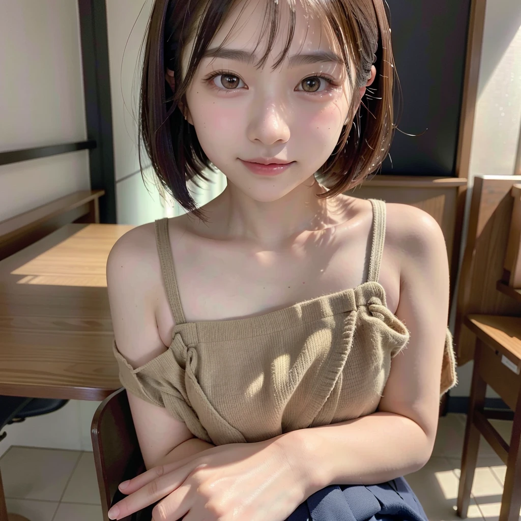 nsfw, Highest quality, Face Focus, Soft Light, Ultra-high resolution, (Realistic:1.4), RAW Photos, 1 Japanese girl, alone, cute, (A shy smile:0.5), (Brown eyes, Light in your eyes), Beautiful face in every detail, (Small box),(High resolution detail of human skin texture), (Short Bob Hair), break, In the classroom,Navy uniform, Best, skirt