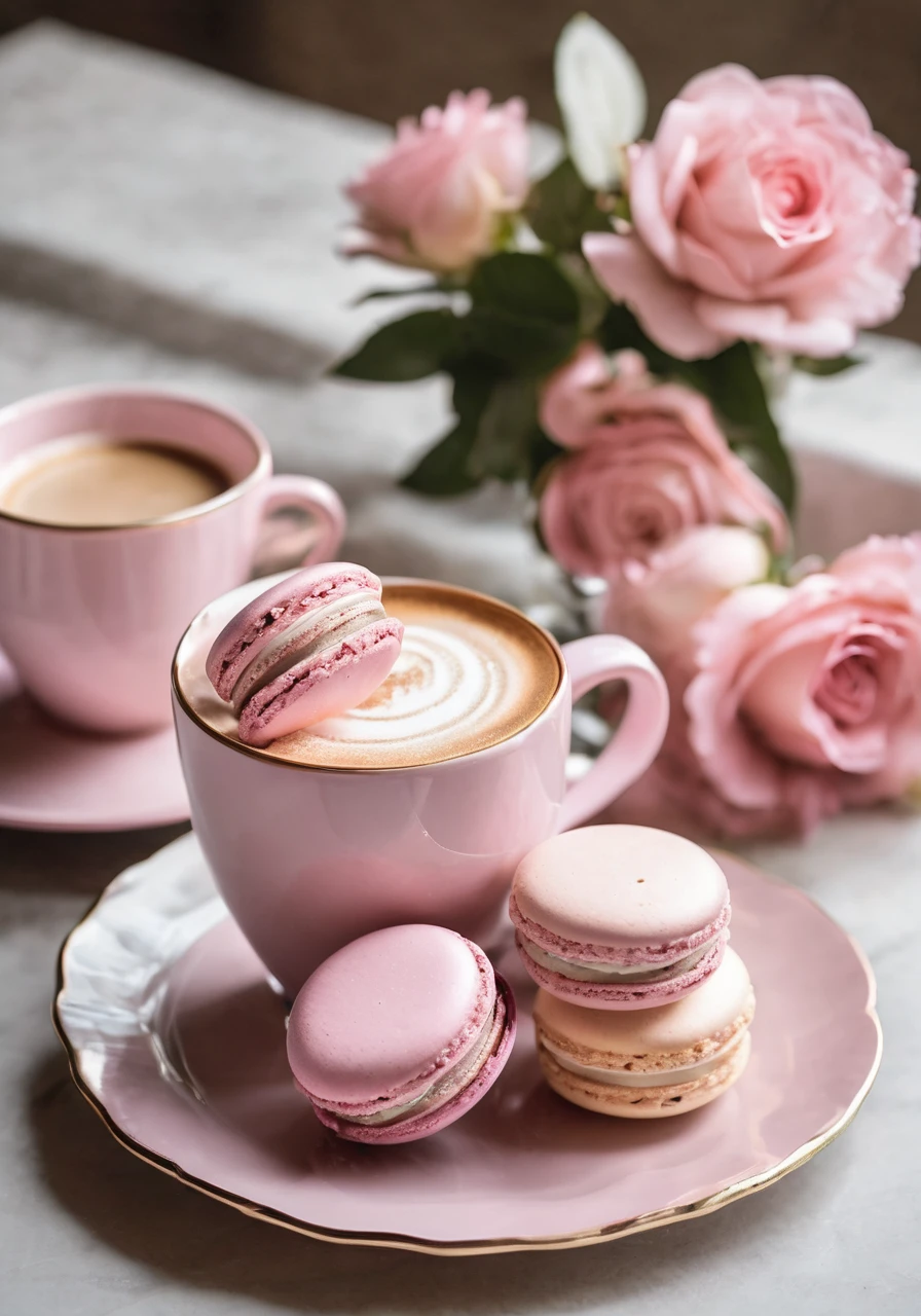 high quality,Official Art,sweets,Macaroons,Instagram style,On the table,Fashionable Cafe,Latte Art,pale pink,Grayish pale pink,Sense of luxury,Postcard style,Shabby chic,Transparency,