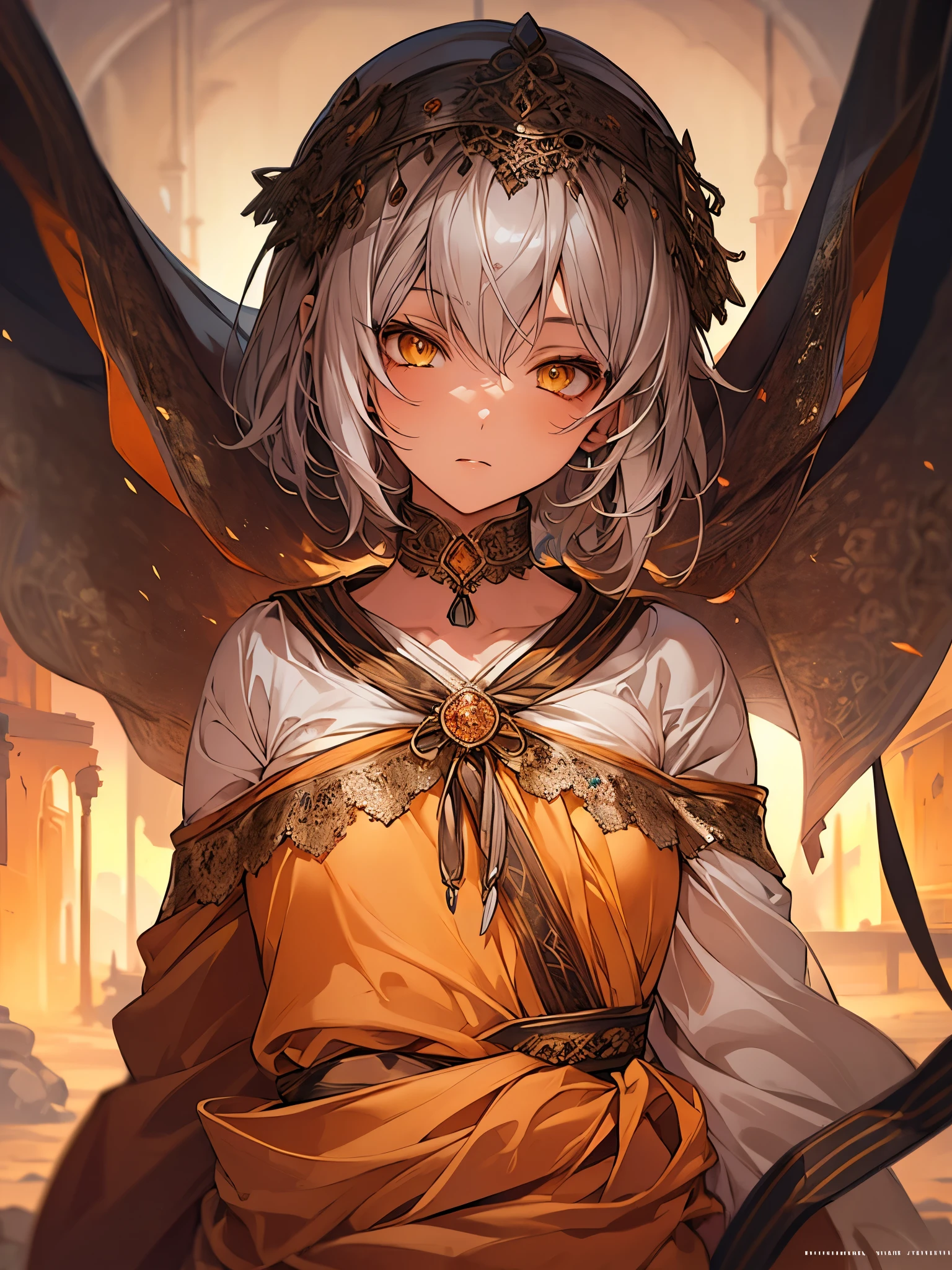 masterpiece, Highest quality, Perfect Face, Highest Resolution, Highest quality,Detailed depiction of the eyes, 1 girl, young, deep tan skin, slate gray hair, short hair, upturned eyes, Yellow Orange eyes, Perfect Anatomy, Arabian, ribbon choker,arabian city
