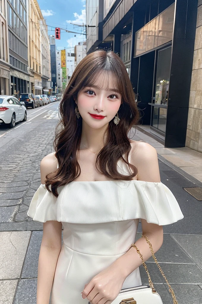 (masterpiece), (Highest quality:1.2), Absurd, [:Intricate details:0.2], One girl, Cowboy Shot, Pale skin, Off-the-shoulder white dress and high-quality tailored makeup、Fashionable city street、Classic handbags and jewelry、Long Wavy Hair, smile, Large Breasts,