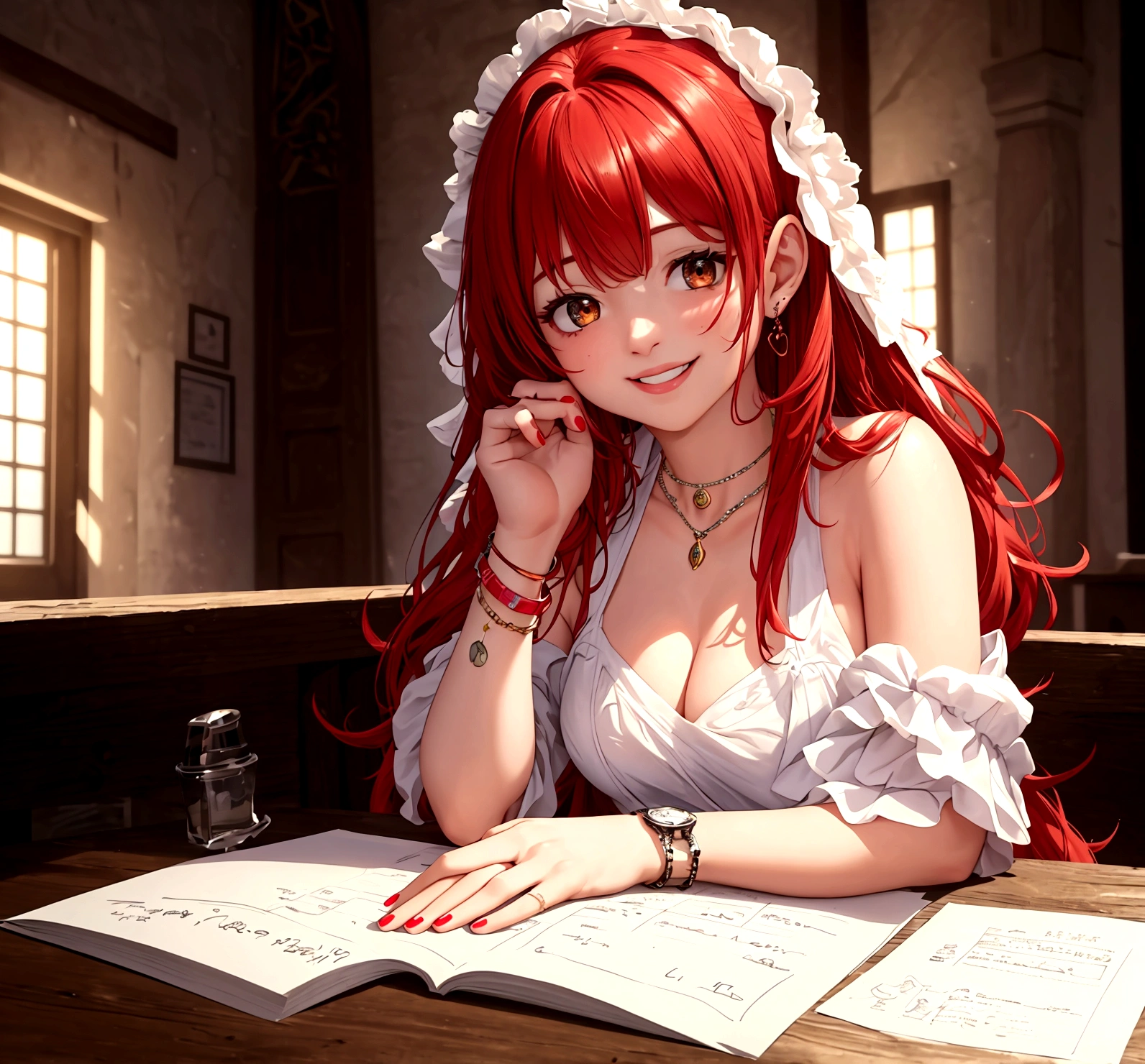 (masterpiece, best quality, ultra-detailed, highres, 4k),(beautiful detailed hands),(1girl),HDR,long hair, shorts, red hair, cellphone, bracelet, jewelry, nail polish, blurry background, smile, wristwatch, realistic, blurry, grandes peitos. In this scene she is writed in a paper the phrase "only 4 days left" with a heart drawed too. the focus is on her hand and in the paper with the phrase writed.