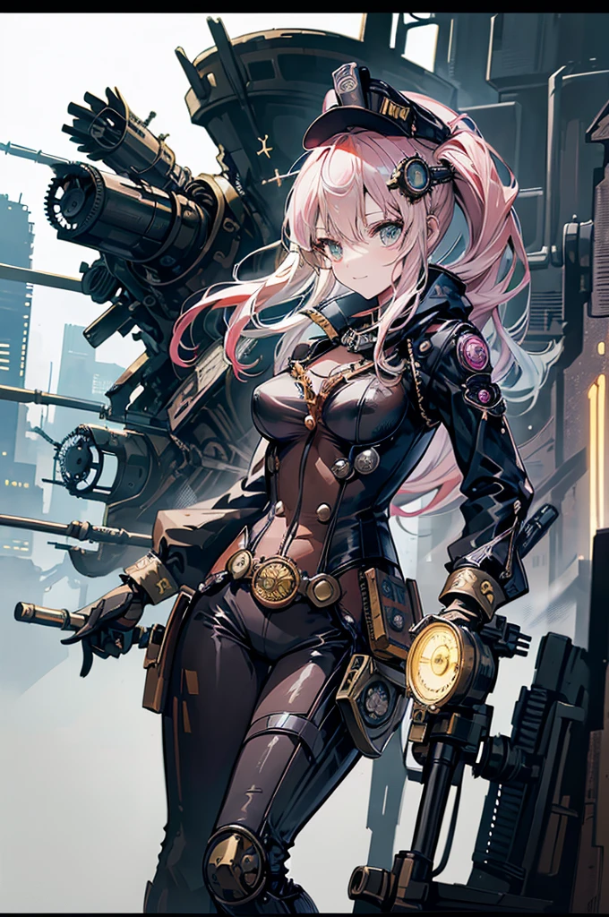 (Line art_anime),(full body,Low Angle, highest quality, ),(Laura Budd Photos:1.2),(Laura Add details:1.0),8k, Flat Color:0.8,1 girl,smile,(Highly decorative and complex mechanical steampunk fashion, Lace flare dolphin hat、goggles、machinery background、Gear background、An elaborately mechanized steampunk cityscape 1.5),Cute pose,