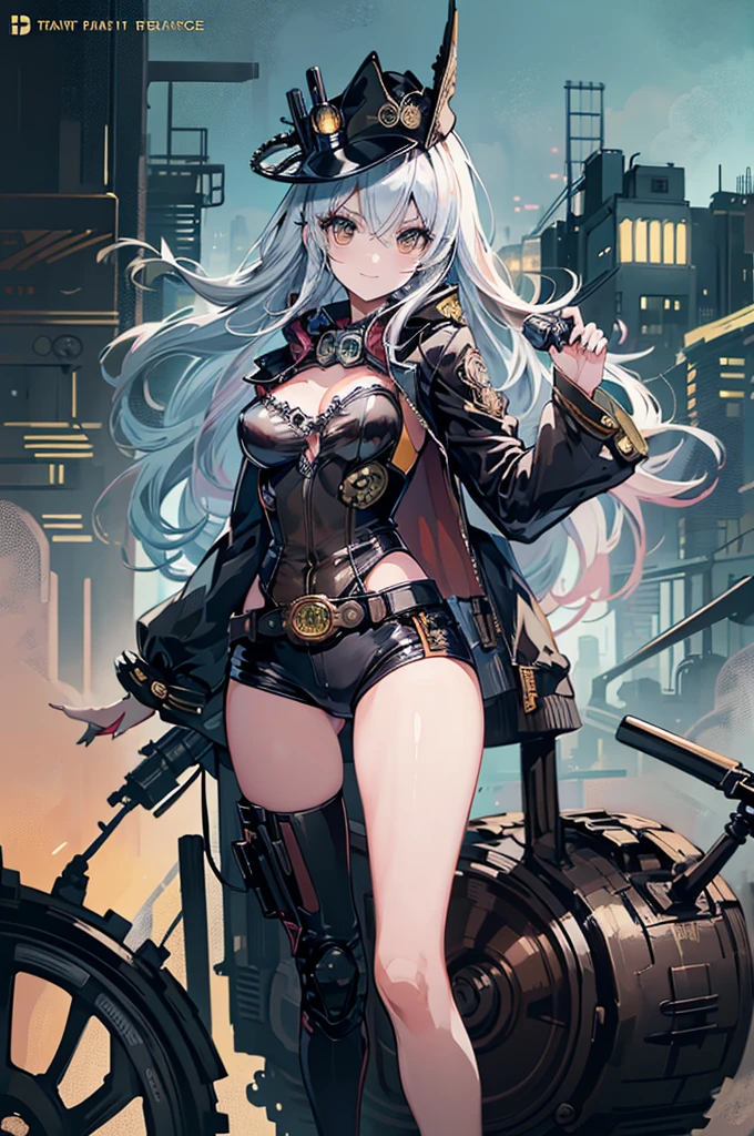(Manga style),(Line art_anime),(Cowboy Shot, Highest quality, ),(Laura Budd Photos:1.2),(Laura Add details:1.0),8K, Flat Color:0.8,Dynamic Angle,1 Girl,smile、(Steampunk Bike Ride 1.5)、Exquisitely decorated motorcycle、(Highly decorative and complex mechanical steampunk fashion, Lace flare dolphin hat、Goggles 1.5、machinery background、Gear background、An elaborately mechanized steampunk cityscape 1.5),