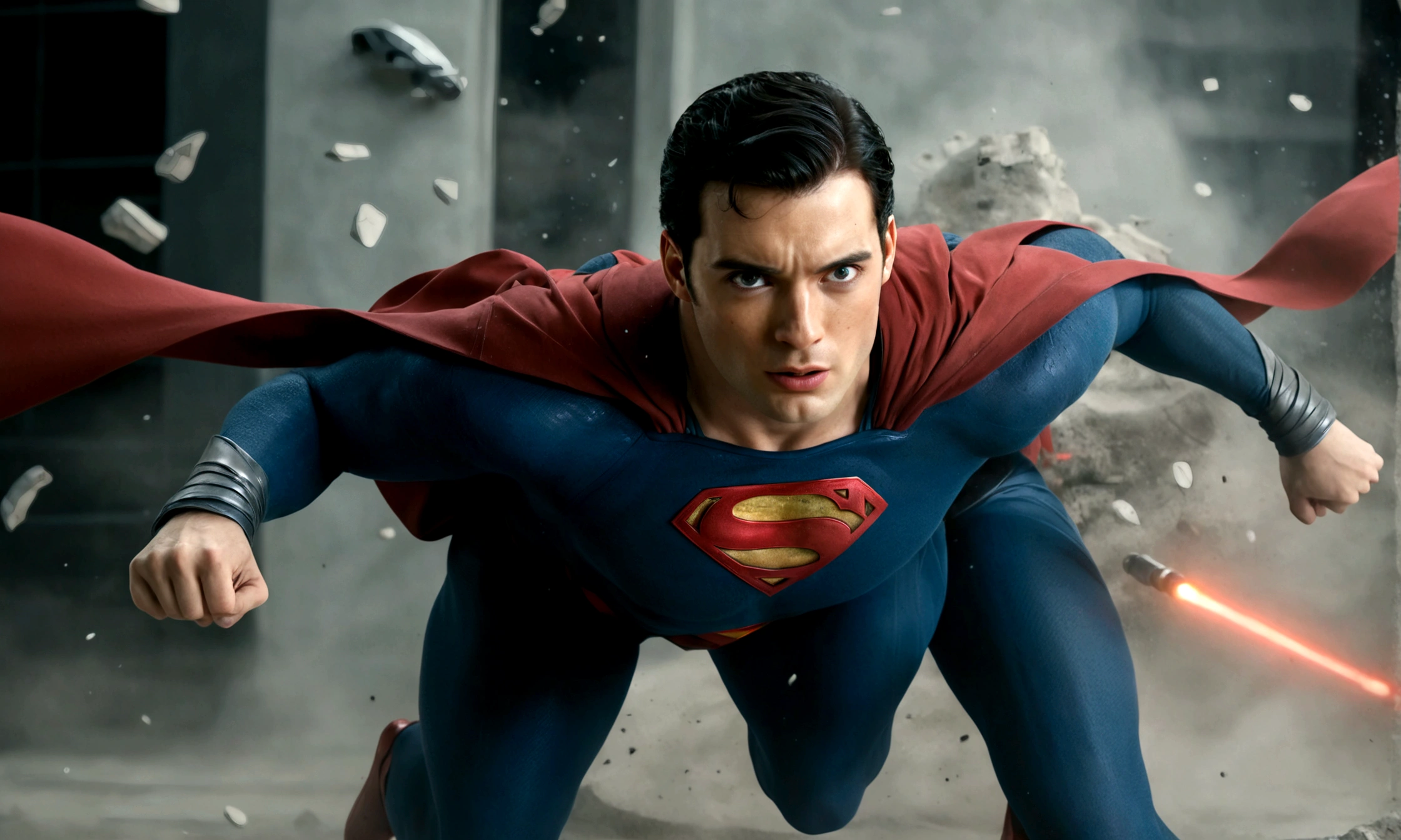 Superman doing superhero landing while shooting red lasers out of eyes ,in a scenario with destruction ,, Standard scenario , images without deformities , best overall quality , masterpiece
