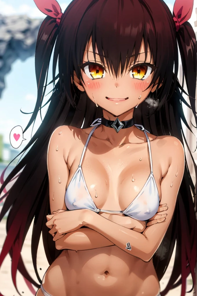 1girl, aster nemesis, dark-skinned female, black hair, very long hair, yellow eyes, flat chest , twin tails, looking at viewer, (((dark cave))), , tanned body,(((Sweating))), ,,***,,smile,,(spoken heart),bikini,cowboy shot