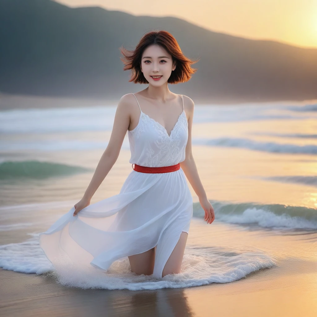 sunset on the beach,There is an afterglow on the sea, Beautiful 36 year old short Korean woman, Chest size 34 inches, Wear sleeveless, light skirt, sunset beach . beautiful pretty woman look , wearing a light skirt , Go far into the sea water and dip your toes., Short medium hair blowing in the wind, 1 woman, beautiful eyes, a little smile, Full body photo from a distance with a wide angle lens