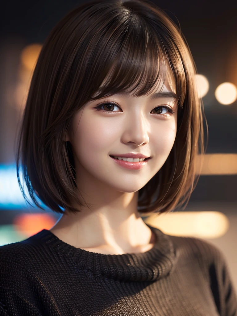 One Japanese idol, (Realistic, Highest quality), (Realistic, Photorealistic:1.4), short hair, Must-Bring, Very elegant and beautiful, Very detailed, 8k wallpaper, Amazing, Very detailed CG Unity, High resolution, Soft Light, Beautiful details, Age 19, Very detailed目と顔, Beautifully detailed nose, Beautiful attention to detail, Cinema Lighting, City lights at night, Perfect Anatomy, Narrow Face, Slender body, (smile), (Hair mess, Asymmetrical bangs, Light brown hair), (Black sweater:1.4),