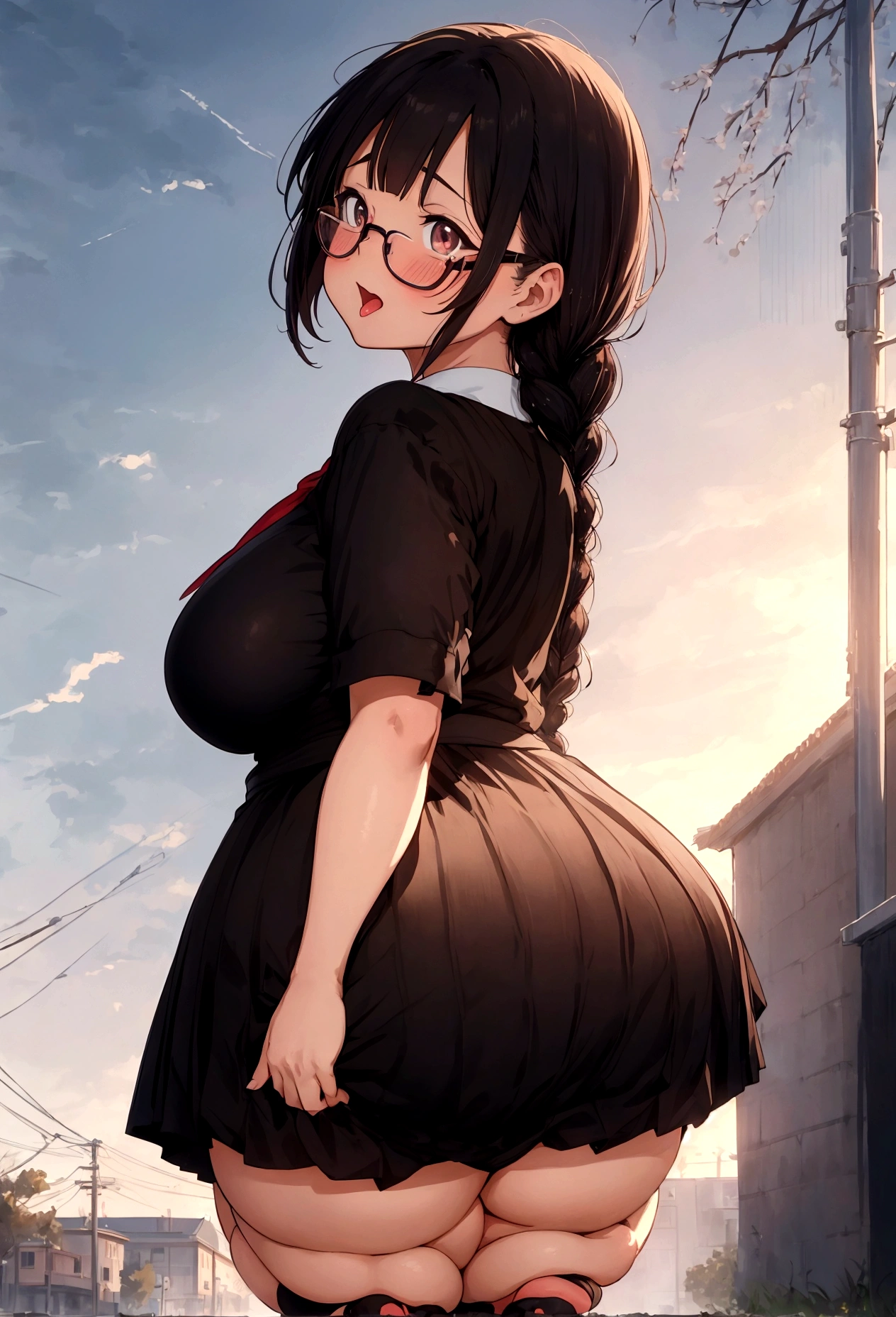 Anime girl with glasses and black dress standing on the sidewalk, Half Yamada, a hyperRealistic , Anime Moe Art Style, hyperRealistic , Gwaiz, , Enchanting anime girl, Beautiful anime girl crouching, Realistic , Anime girl in a black dress, artwork in the style of Gwaiz, chic,(masterpiece), (One serious civil service commissioner: 1.3), (Super thick and plump body: 1.3), (Huge breasts and buttocks)), (Small Head: 1.2), (Shiny skin: 1.2), (A speech while crouching in the stands in the schoolyard in the morning)), {fat},1boy, penis, doggystyle, from behind, spreadassms, chubby body, fat body, short,ultra detailed, masterpiece, best quality, blush, a woman, rolling eyes, open mouth, school girl, wearing , wearing glasses, classroom, sunset, light particles, hdr, brown grey hair, midium wavy hair, shiny hair, bang, single braid, clear grey eyes, Smiling Kiss, Tongue Out, アニメ ,orgasm face, sexual climax, bitch, back shot, back view, low angle, from below, back view, arched back, looking back, all fours, chubby body, BIG ASS , saliva, BBW, slender waist, anal, seiza, hands on head,white eyes, Hand Drawn, Showing Ass, Bobcut, Knee socks, (Super thick and plump body: 1.3), Butt sticking out, Close your legs, seiza, spread legs, pleated skirt, long pleated skirt, I can't see your butt, Buttocks hide, Super big butt, Awesome numbness , Plump , Chubby, Butt sticking out,