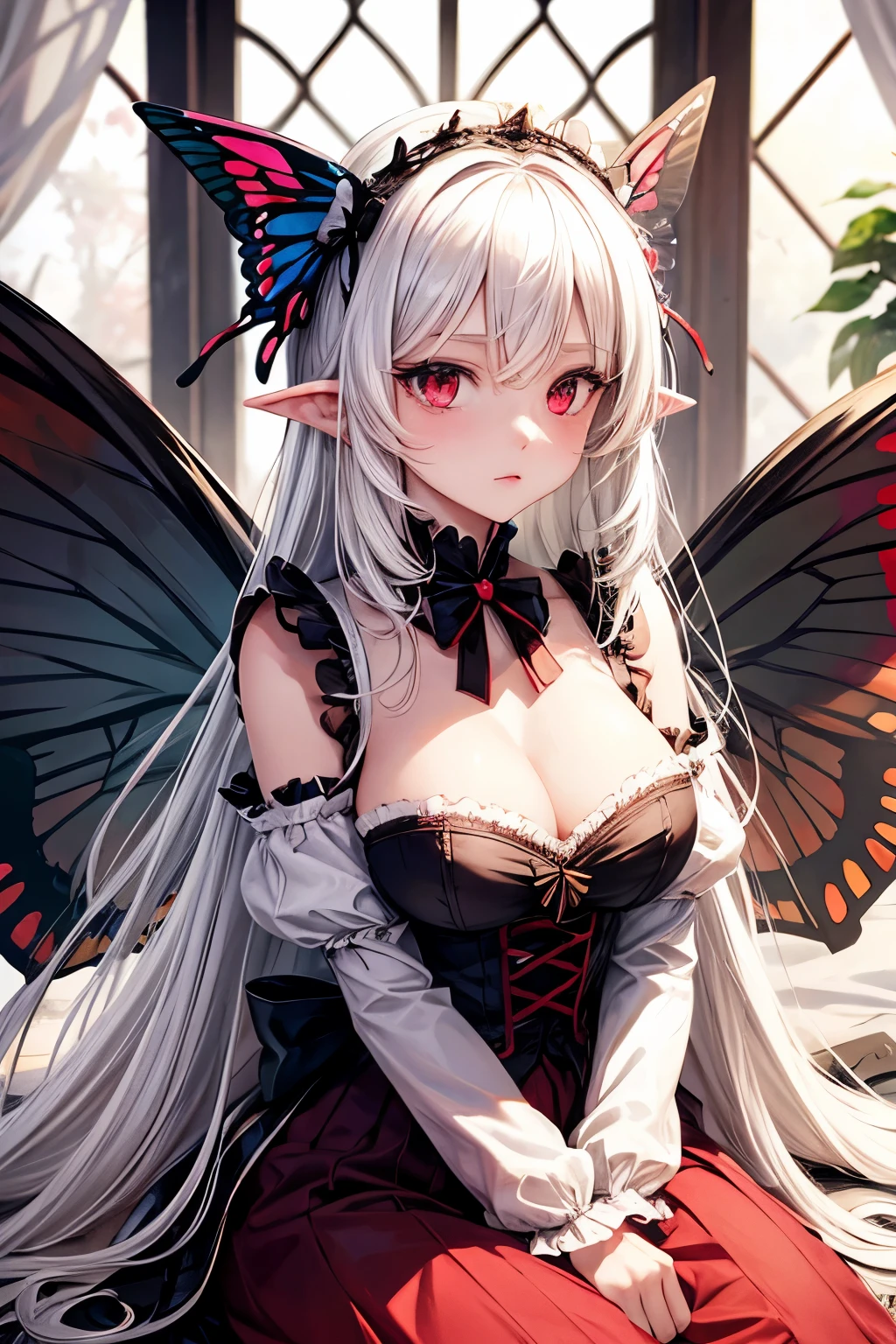 White hair, pointed ears, red eyes, , lolita, bigasts, butterfly wings, shy