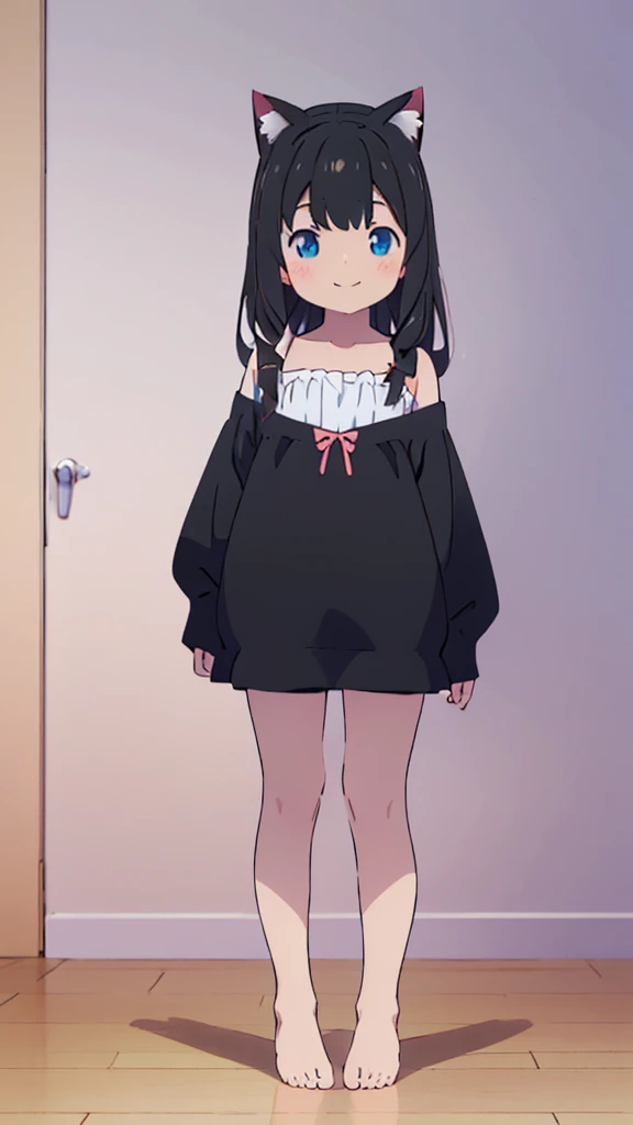 ((masterpiece))((Highest quality))Cat ear、girl、smile、blush、Flat Chest、Are thin、、low length、Black Hair、Leg-length hair、Embarrassed、Are standing、Whole body image、Even your toes are visible、Eye level on face、front、No background、mayonnaise、真frontのアングル