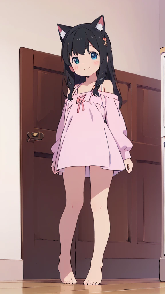 ((masterpiece))((Highest quality))Cat ear、girl、smile、blush、Flat Chest、Are thin、、low length、Black Hair、Leg-length hair、Embarrassed、Are standing、Whole body image、Even your toes are visible、Eye level on face、front、No background、mayonnaise、真frontのアングル