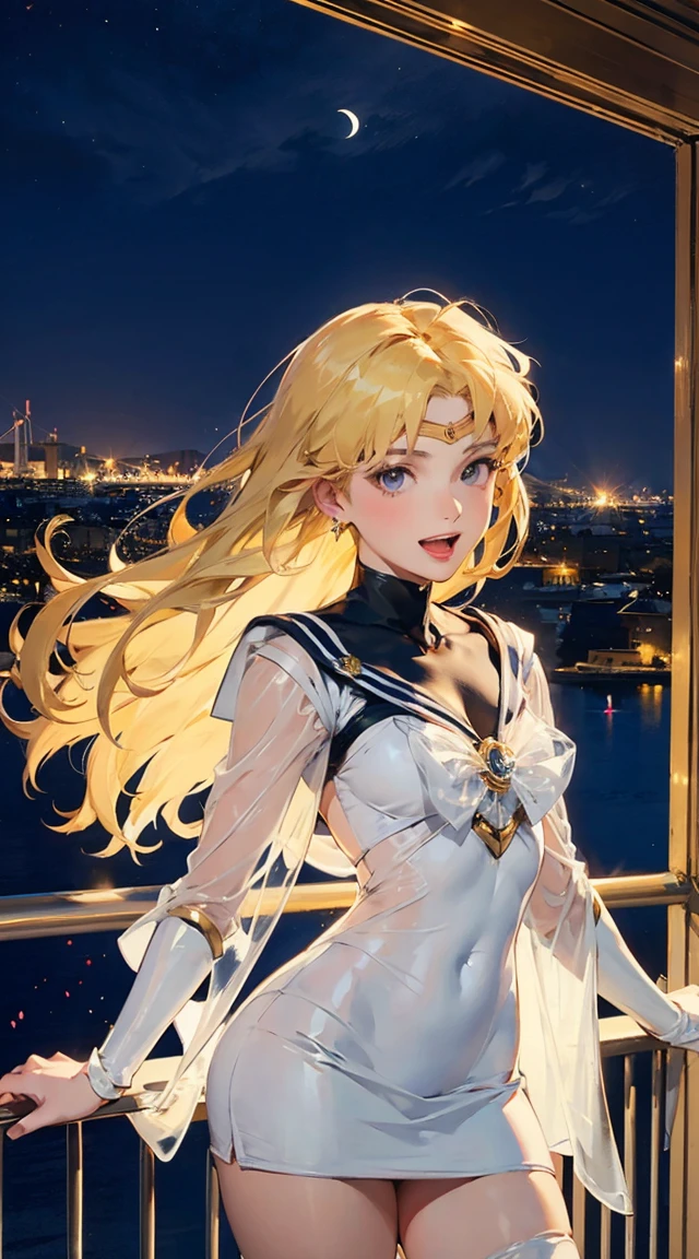 the sailor moon, Sailor Moon style, Beautiful,  moon princess, blond-haired princess, portrait of magical girl,  woman,20-year-old,,city,night,((white tight miniskirt bodysuit)),(Harada Makoto),open mouth smile,(((See-through))),((blonde)),long hair