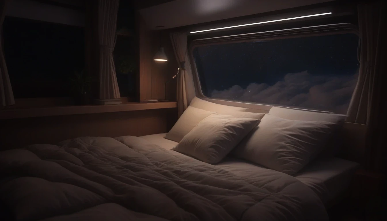 there is a bed with pillows and a blanket in a small room, dimly lit bedroom, comfy ambience, cozy environment, cozy bed, comfy lighting, lit in a dawn light, bed on the right, night fill lighting, cozy setting, cozy atmospheric, dramatic ambient lighting, ambient lighting at night, dim bedroom, cozy and peaceful atmosphere, bright ambient lighting