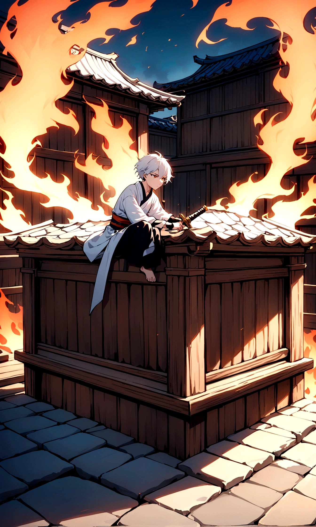 An animated scene depicting an young person with white hair and a sword,sitting on the steps of a traditional wooden structure with Japanese architectural elements. The background is engulfed in orange flames with trees burning, creating a fiery atmosphere that illuminates the scene. The ground is made of textured, cracked stone tiles., very long shot, everything is broken, and everything is burning, the young men look serious and seems like he doesn't care, long exposure, rooftop view 