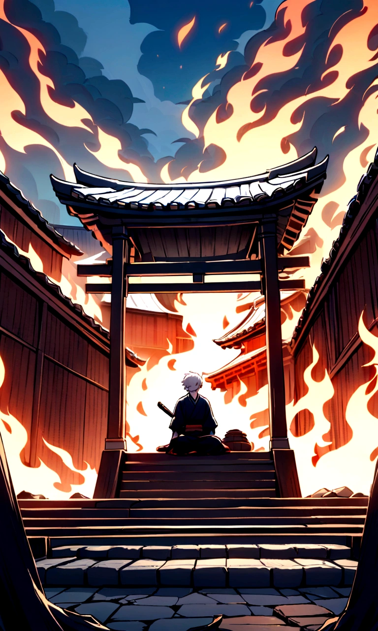 An animated scene depicting an young person with white hair and a sword,sitting on the steps of a traditional wooden structure with Japanese architectural elements. The background is engulfed in orange flames with trees burning, creating a fiery atmosphere that illuminates the scene. The ground is made of textured, cracked stone tiles., very long shot, everything is broken, and everything is burning, the young men look serious and seems like he doesn't care, long exposure, rooftop view 