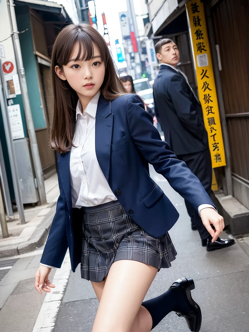 (High level image quality、high quality、highest resolution、masterpiece、Detail、strobe shooting)、looking at the camera、light brown long straight hair、She wears a navy blue blazer with a high neck. .)、(She is wearing a navy blue checked skirt..)、He is wearing an open collar white shirt for students..、wearing white panties、Wearing white socks、she wears black loafers、have a student bag、(Flip your skirt over with both hands）、(Spread your legs wide apart）、Shooting from a low angle、 (Shinjuku daytime alley)、(me&#39;m on a sidewalk lined with stores.)