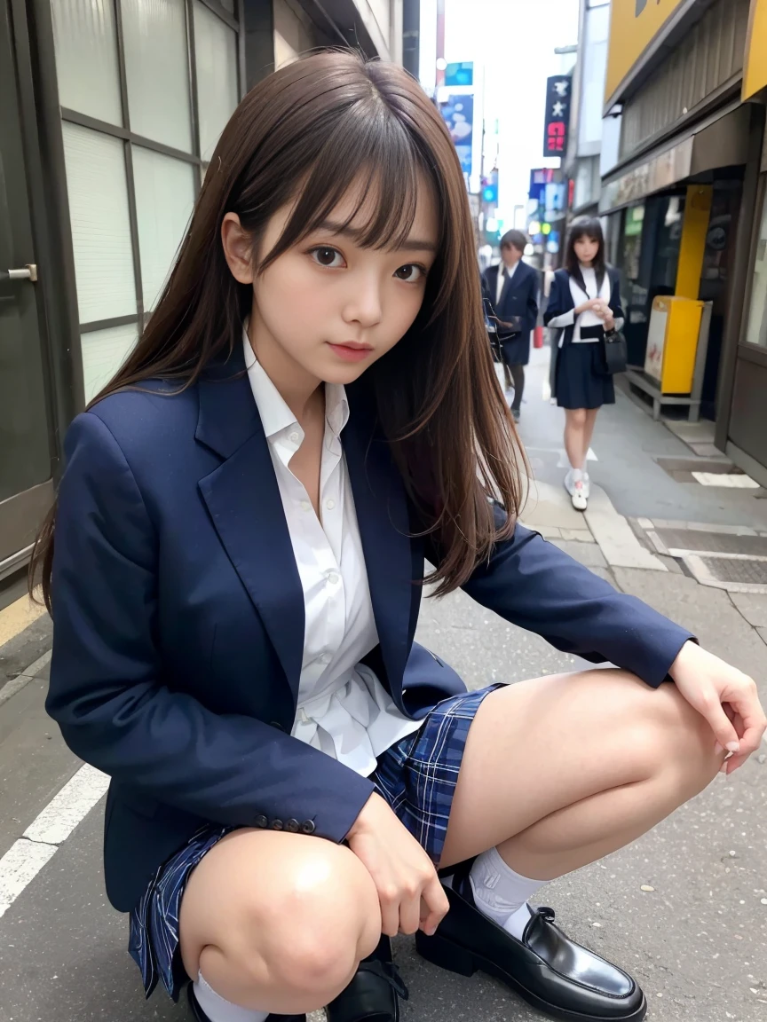 ((Highest quality)), ((masterpiece)), (Familiar), A high school girl riding an escalator on her way to school、Glare、Navy Blazer、mini skirt、Navy blue socks、(Rear view)、Secret photos、(View from directly below)、Navy blue socksのクローズアップ、Station Escalator、Everybody line up on the left、Face only