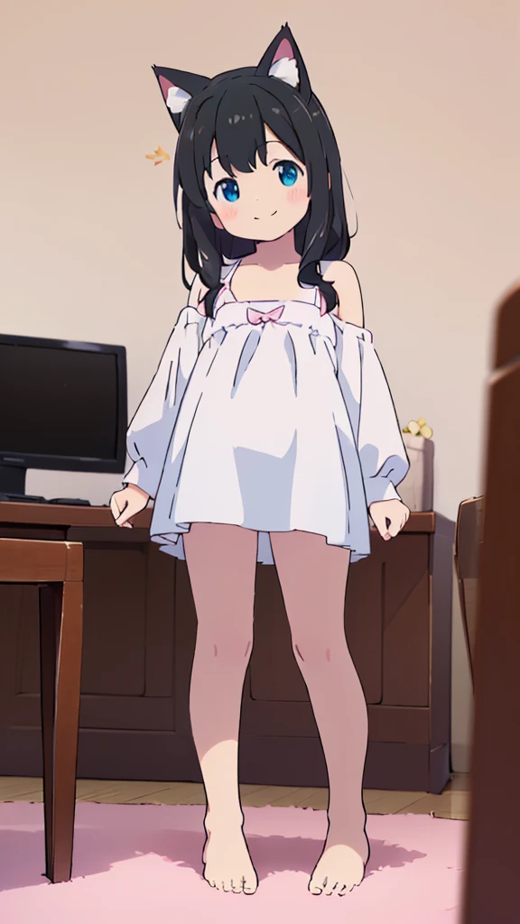 ((masterpiece))((Highest quality))Cat ear、girl、smile、blush、Flat Chest、Are thin、、low length、Black Hair、Leg-length hair、Embarrassed、Are standing、Whole body image、Even your toes are visible、Eye level on face、front、No background、mayonnaise、真frontのアングル