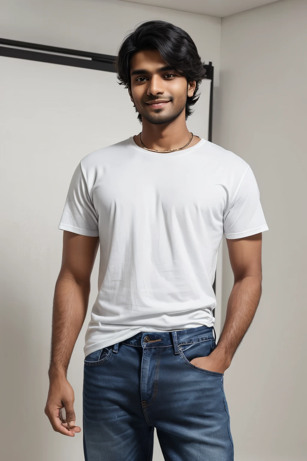an indian man, 25-year-old, wearing a completely white oversized half t-shirt, premium, minimalistic, black denim relaxed fir jeans, standing inside the studio, plain black background, facing the camera, smiling.