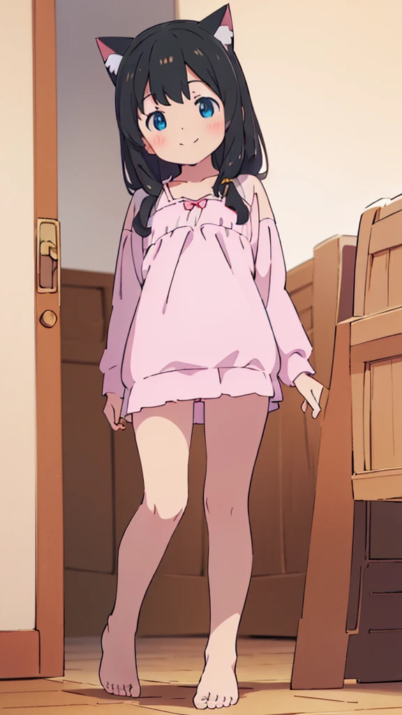 ((masterpiece))((Highest quality))Cat ear、girl、smile、blush、Flat Chest、Are thin、、low length、Black Hair、Leg-length hair、Embarrassed、Are standing、Whole body image、Even your toes are visible、Eye level on face、front、No background、mayonnaise、真frontのアングル