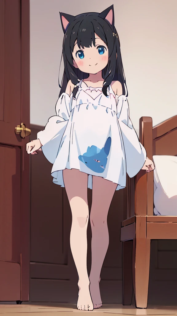 ((masterpiece))((Highest quality))Cat ear、girl、smile、blush、Flat Chest、Are thin、、low length、Black Hair、Leg-length hair、Embarrassed、Are standing、Whole body image、Even your toes are visible、Eye level on face、front、No background、mayonnaise、真frontのアングル