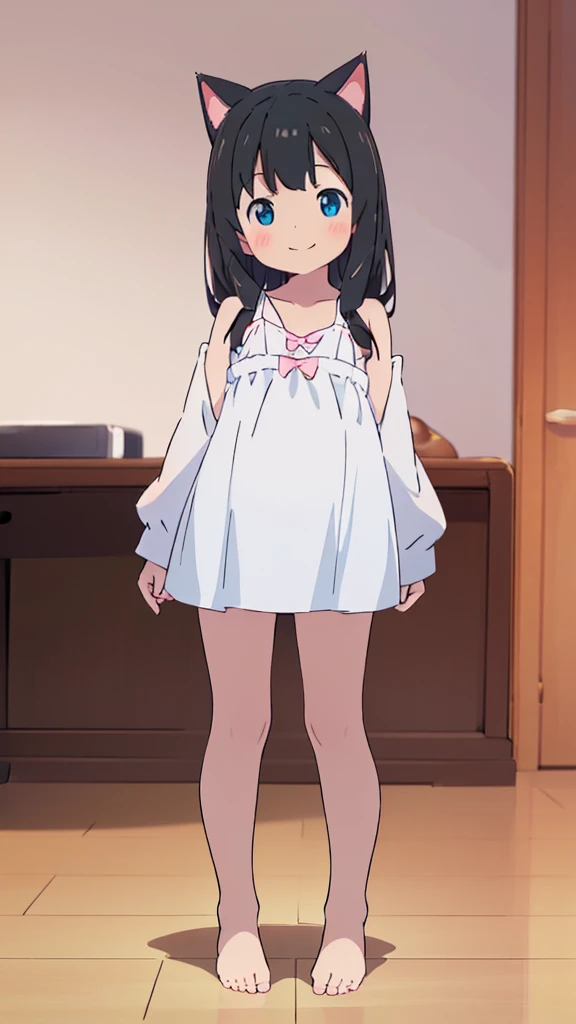 ((masterpiece))((Highest quality))Cat ear、girl、smile、blush、Flat Chest、Are thin、、low length、Black Hair、Leg-length hair、Embarrassed、Are standing、Whole body image、Even your toes are visible、Eye level on face、front、No background、mayonnaise、真frontのアングル