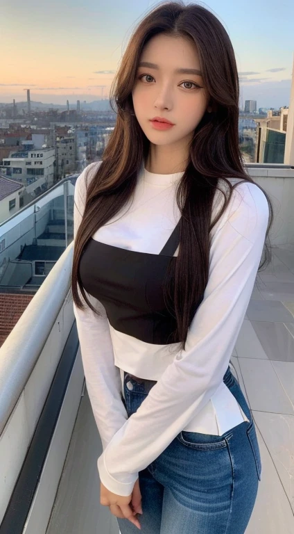 ((Midnight, Highest quality, 8K, masterpiece :1.3)), whole body, Long legs, Sharp focus :1.2, Beautiful woman with perfect figure :1.4, Slim Abs :1.1, ((Dark brown hair, Big Breasts :1.2)), (White tight T-shirt, Jean Bib, Are standing:1.2), ((Night city view, rooftop:1.3)), Highly detailed face and skin texture, Fine grain, double eyelid