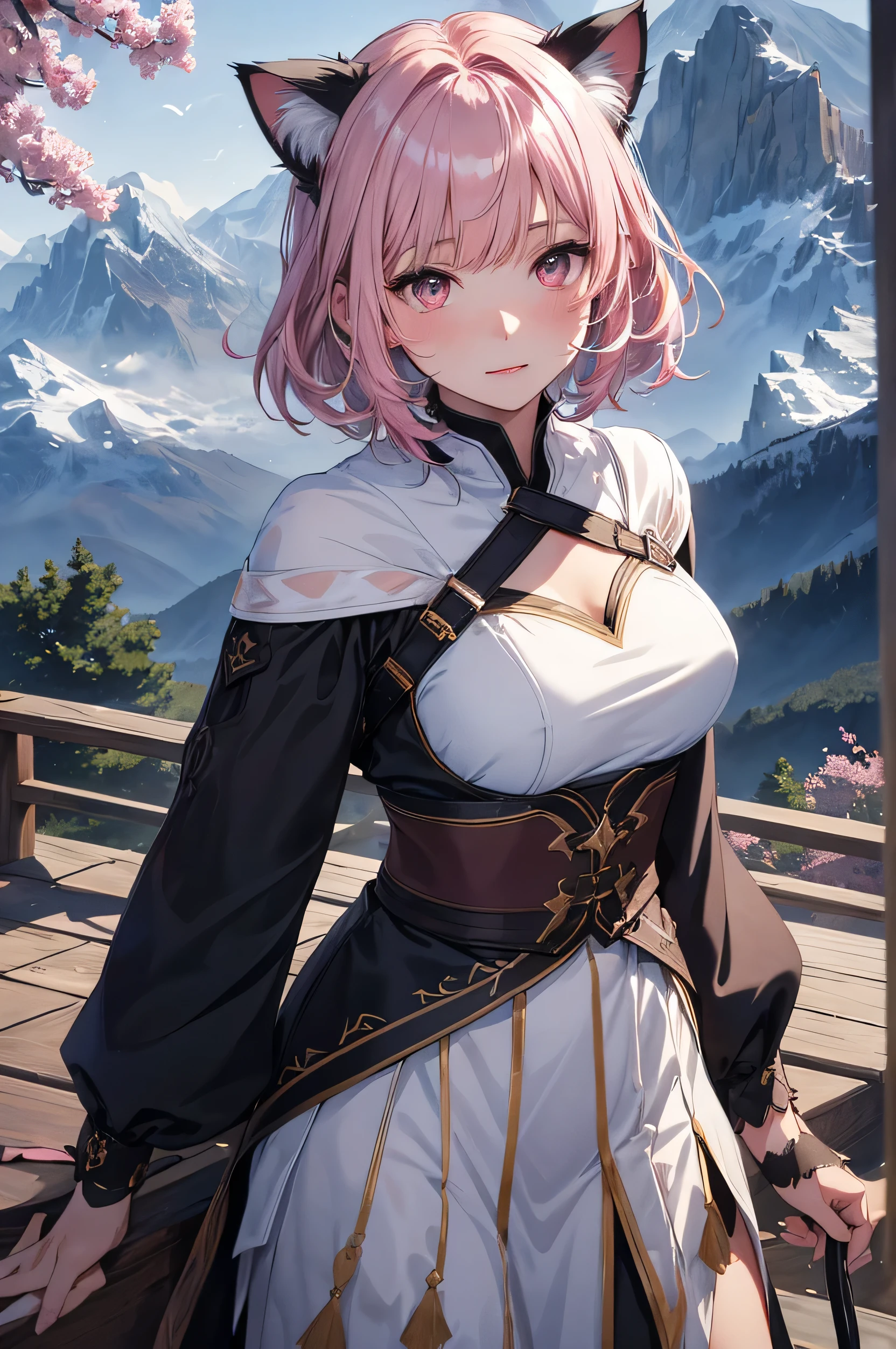 beautiful details한 소녀, clear and beautiful, glowing skin, female, no, young, 20 years, Short hair, Short hair, silver hair, ((turkish costume, white and pink )) beautiful details, warm face, beautiful and delicate eyes, middle 가슴, brown eyes, real skin texture, Very nice 8KCG wallpaper, Very cool 8K CG wallpaper, Watercolor (middle), female warrior, (((cat ears))), (((dark, dark Night, midnight))) (((nature background, mountain, wood))), ((outdoors)), upper body cut, holding a sword in his hand, The costume is white