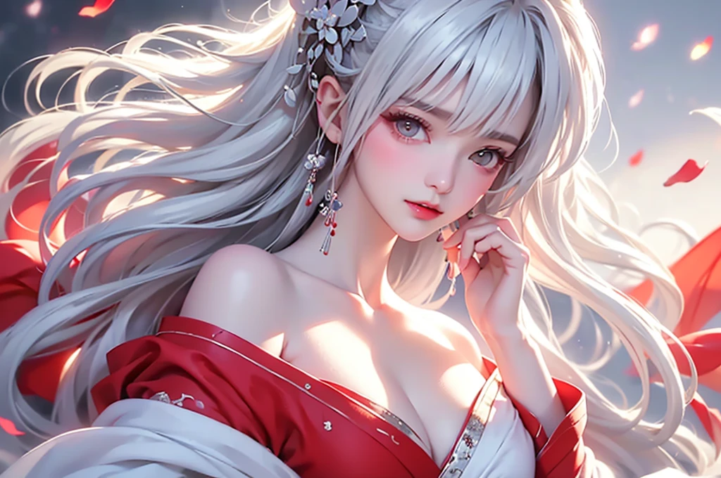 super high quality, masterpiece, Perfect illustration, Very detailed、8k wallpaper, Very detailed (Exquisite light and shadow, Very dramatic photo,Backlight) , ((silver hair:1.5))1 Girl, (alone:1.5), (Wearing classic Hanfu, Royalty、Black and red Hanfu,Thick fabric,Long sleeve) Flower Field, Flowers, (White smoke:1.3) (Realistic:1.4), (Dynamic Angle: 1.4), Glowing Skin, (Floating colorful flashes: 1) The most beautiful chaotic shapes, elegant, Brutalist Design, Bright colors, Romantic Depth of Field Exotic_dance, half_naked、((Off the shoulder、Medium Chest、Beautiful cleavage、Touching lips))