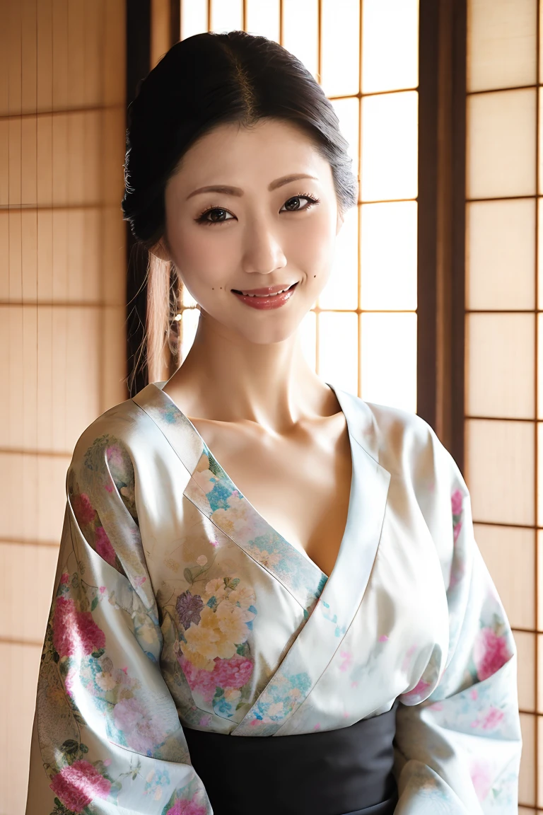 (Highest quality、Tabletop、8k、Best image quality、Award-winning works)、(One beautiful mature woman:1.1)、Adult face、(Innkeeper:1.1)、(Elegant floral kimono:1.2)、(V-neck collar:1.1)、(Cleavageが露わになる:1.2)、(Kimono that shows the chest:1.3)、(Cleavage:1.5)、(Open the chest:1.3)、(Large Breasts:1.4)、(Large Breastsの谷間を露出する:1.5)、Perfect mature woman portrait photo、Glowing Skin、Standing Elegantly、(Blurred elegant and exquisite perfect Japanese style room background:1.3)、(The most natural and perfect tidy Japanese style room background:1.2)、Glowing White Skin、Very white skin、(Accentuate your body lines:1.1)、(The most graceful posture:1.2)、A perfect smile、Perfect beautiful glossy lips、(Accurate anatomy:1.1)、(A perfect and elegant outfit:1.1)、(Standing with good posture:1.1)、(Face close-up:1.1)、(Front facing body:1.2)、White floral kimono