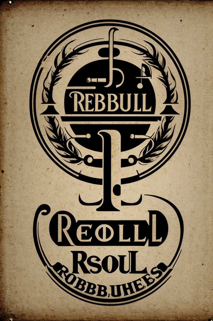 Vintage type logo, containing wind instruments, with the name of rebellious soul 