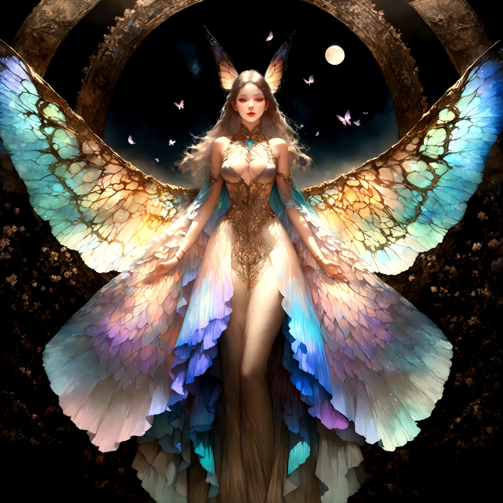 Moonlight,The arrival of spring, Mr.々Beautiful flowers
, A swallowtail butterfly with beautiful iridescent wings,View from below, 空から落ちてくるMr.々A gem, Amazingly beautiful scenery, Slightly hazy, wonderful, High resolution, 8K, (Highest quality, High resolution, Realistic:1.37), Shiny metallic flowers, Intricate and delicate petals, Reflective surface, Vibrant colors, Intricate details, Close-up view, 超Realisticな庭園, 超Realisticな美しさ, Dreamy atmosphere, Fine art, Abstract Plants, Metallic engraving, Contrasting Textures, Mysterious glow