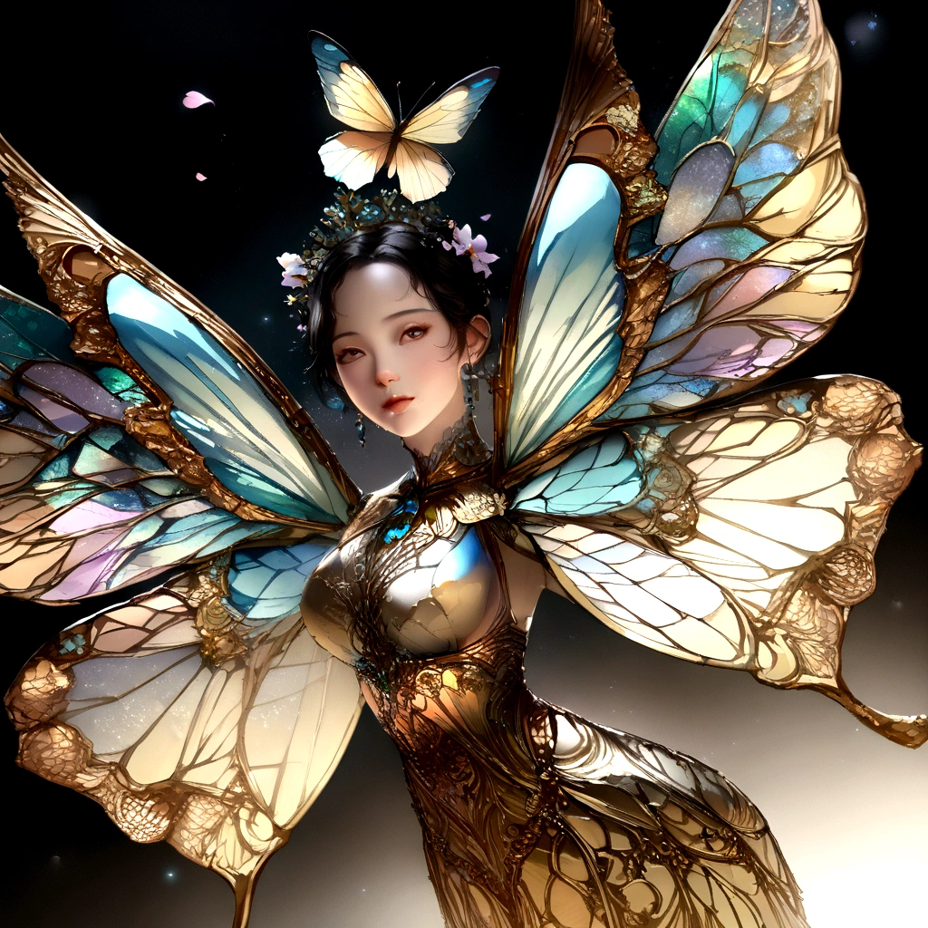 Moonlight,The arrival of spring, Mr.々Beautiful flowers
, A swallowtail butterfly with beautiful iridescent wings,View from below, 空から落ちてくるMr.々A gem, Amazingly beautiful scenery, Slightly hazy, wonderful, High resolution, 8K, (Highest quality, High resolution, Realistic:1.37), Shiny metallic flowers, Intricate and delicate petals, Reflective surface, Vibrant colors, Intricate details, Close-up view, 超Realisticな庭園, 超Realisticな美しさ, Dreamy atmosphere, Fine art, Abstract Plants, Metallic engraving, Contrasting Textures, Mysterious glow