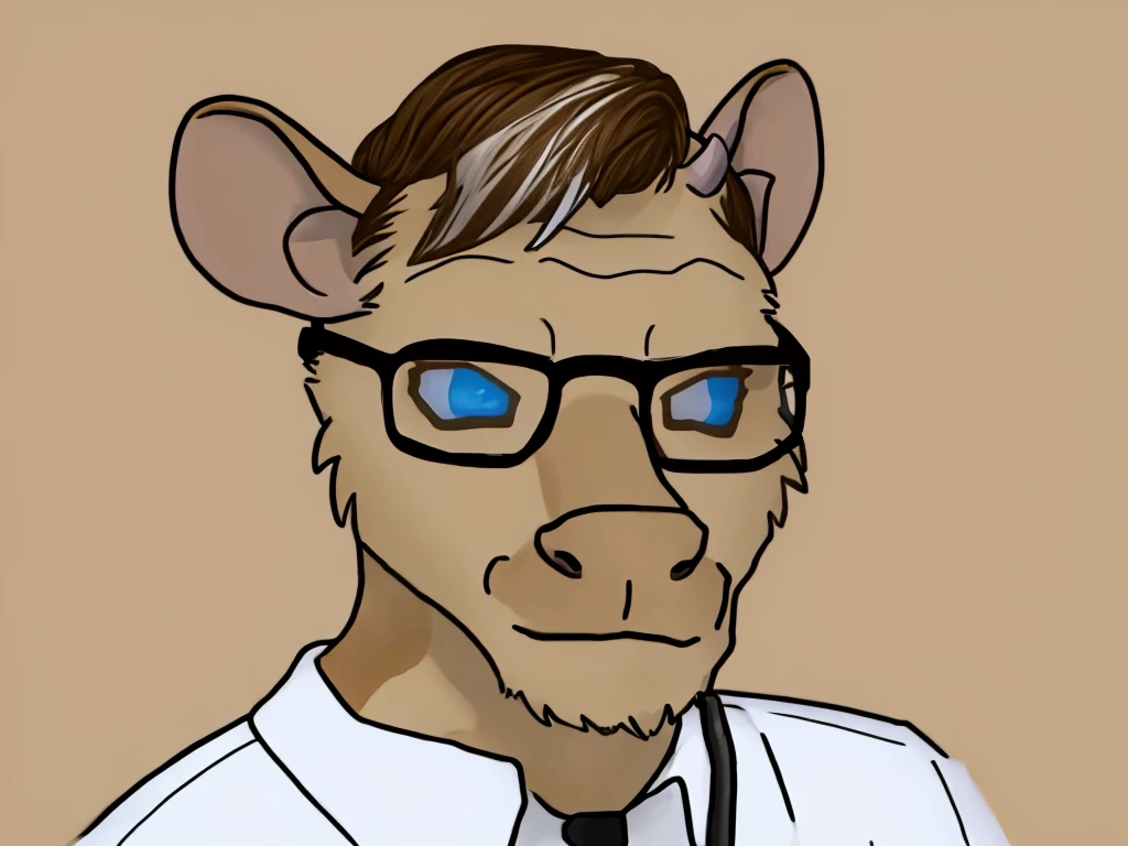 Solo, male, furry, goat-rat hybrid, ((goat horns)), mouse ears, ((light brown colored fur with white highlights)), (brown hair), blue eyes, mouse tail, adult, handsome, mature, (slim build),black wire glasses, wearing dress shirt, wojak