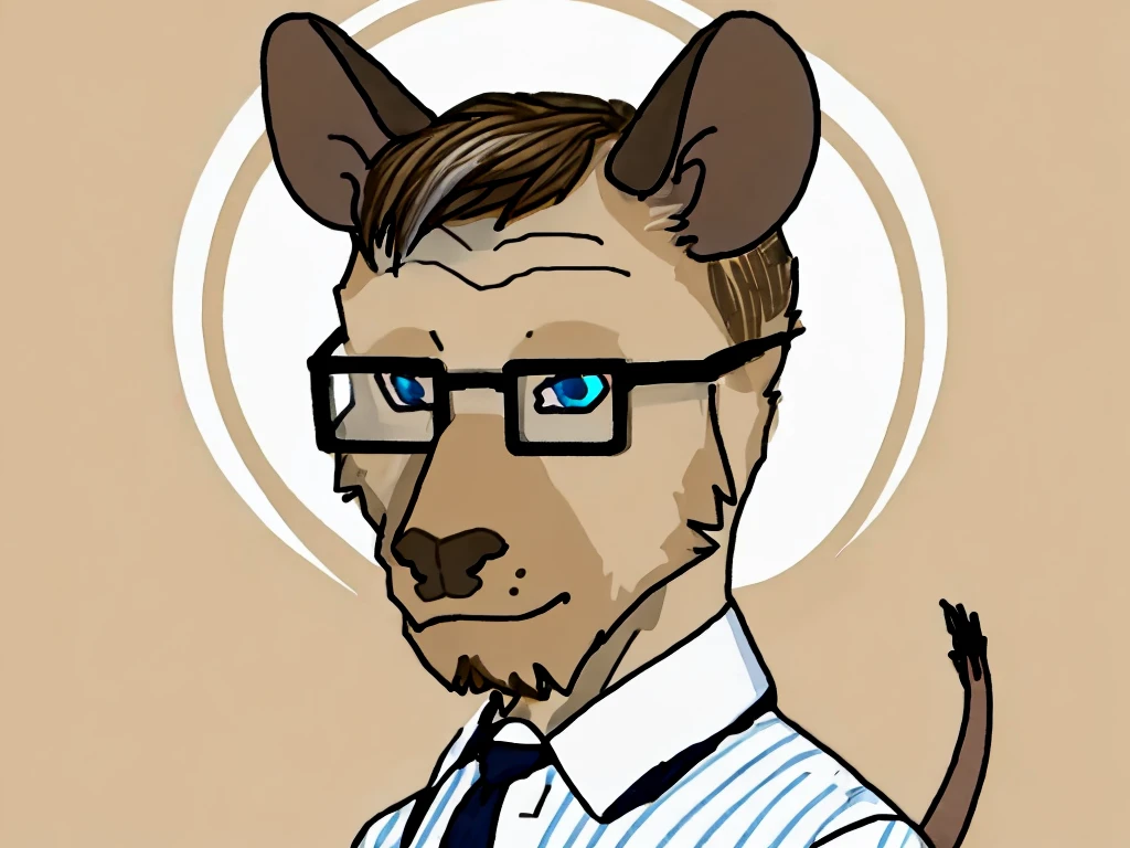 Solo, male, furry, goat-rat hybrid, ((goat horns)), mouse ears, ((light brown colored fur with white highlights)), (brown hair), blue eyes, mouse tail, adult, handsome, mature, (slim build),black wire glasses, wearing dress shirt, wojak