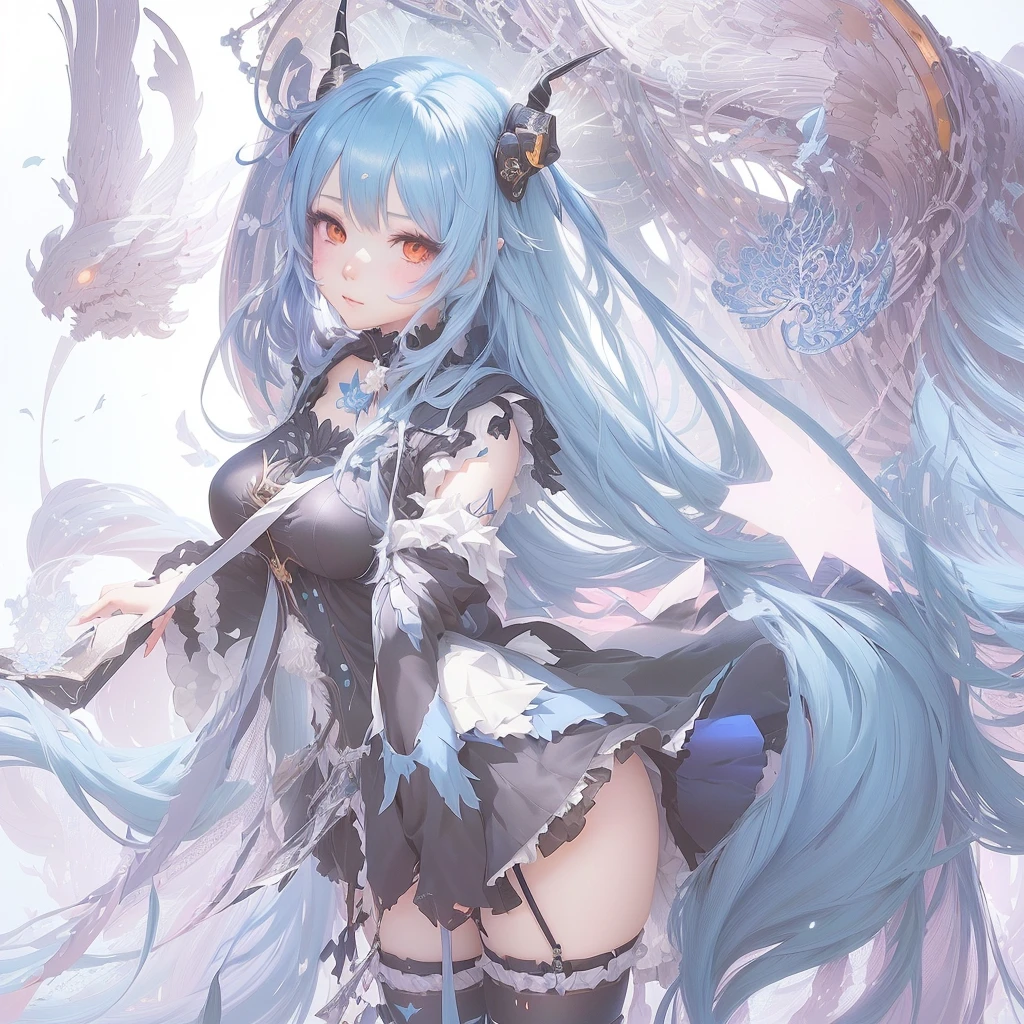 Anime girl with long blue hair and horns in a dress, digital art on Pixiv, trending on artstation Pixiv, Pixiv contest winner, by Shimo, Pixiv, guweiz on Pixiv artstation, Anime Style 4k, Zerochan Art, Nightcore, From Arknights, guweiz on artstation Pixiv