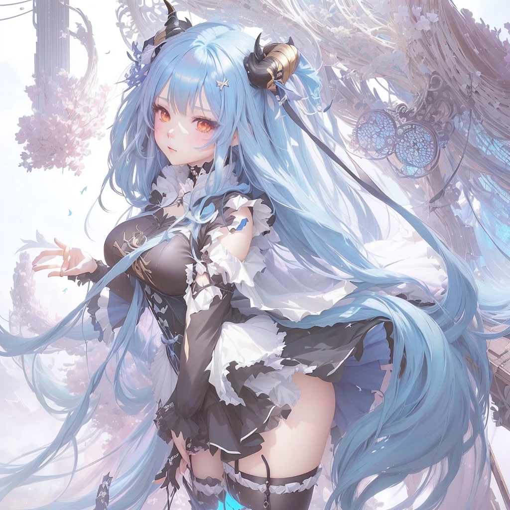 Anime girl with long blue hair and horns in a dress, digital art on Pixiv, trending on artstation Pixiv, Pixiv contest winner, by Shimo, Pixiv, guweiz on Pixiv artstation, Anime Style 4k, Zerochan Art, Nightcore, From Arknights, guweiz on artstation Pixiv