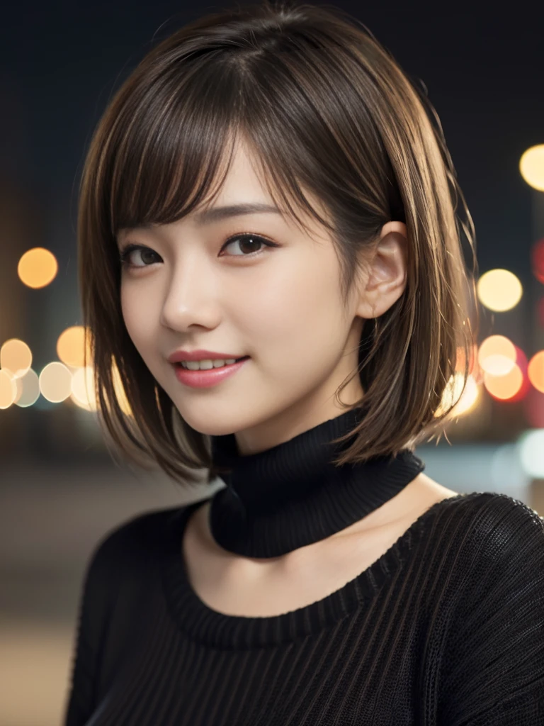 One Japanese idol, (Realistic, Highest quality), (Realistic, Photorealistic:1.4), short hair, Must-Bring, Very elegant and beautiful, Very detailed, 8k wallpaper, Amazing, Very detailed CG Unity, High resolution, Soft Light, Beautiful details, Age 19, Very detailed目と顔, Beautifully detailed nose, Beautiful attention to detail, Cinema Lighting, City lights at night, Perfect Anatomy, Narrow Face, Slender body, (smile), (Hair mess, Asymmetrical bangs, Light brown hair), (Black sweater:1.4),
