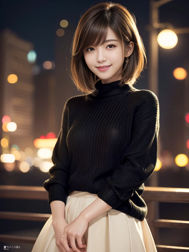 One Japanese idol, (Realistic, Highest quality), (Realistic, Photorealistic:1.4), short hair, Must-Bring, Very elegant and beautiful, Very detailed, 8k wallpaper, Amazing, Very detailed CG Unity, High resolution, Soft Light, Beautiful details, Age 19, Very detailed目と顔, Beautifully detailed nose, Beautiful attention to detail, Cinema Lighting, City lights at night, Perfect Anatomy, Narrow Face, Slender body, (smile), (Hair mess, Asymmetrical bangs, Light brown hair), (Black sweater:1.4), 