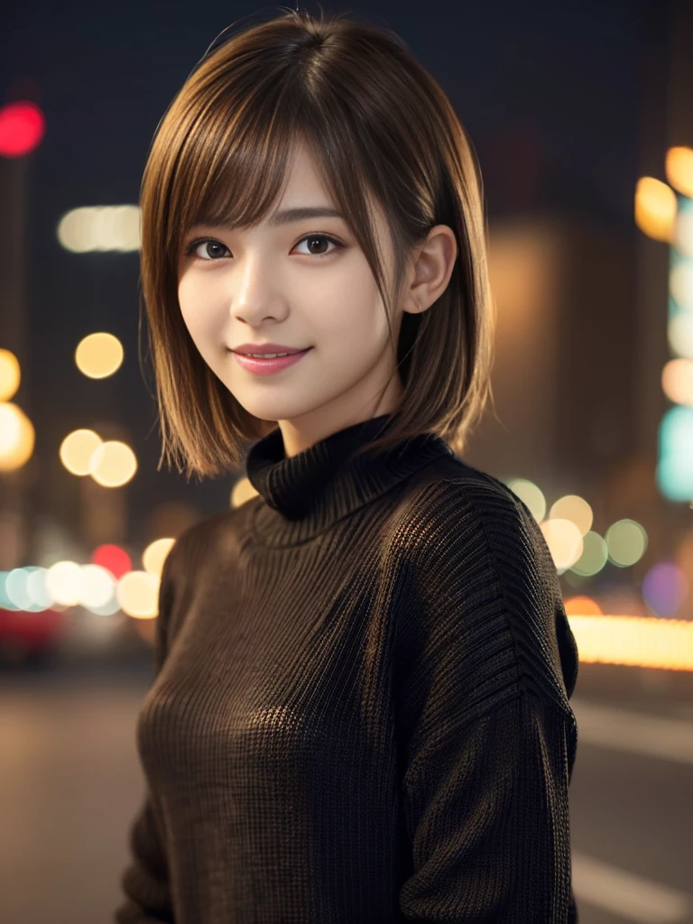 One Japanese idol, (Realistic, Highest quality), (Realistic, Photorealistic:1.4), short hair, Must-Bring, Very elegant and beautiful, Very detailed, 8k wallpaper, Amazing, Very detailed CG Unity, High resolution, Soft Light, Beautiful details, Age 19, Very detailed目と顔, Beautifully detailed nose, Beautiful attention to detail, Cinema Lighting, City lights at night, Perfect Anatomy, Narrow Face, Slender body, (smile), (Hair mess, Asymmetrical bangs, Light brown hair), (Black sweater:1.4),