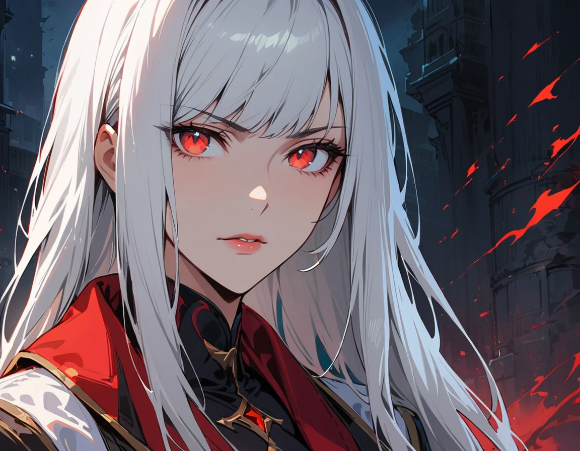 Long white hair, crimson eyes, evil, sexy, black and red clothes, evil face, evil, serious look, gloss lips, sinister, front look, bloody, gloves, close up, portrait, beautiful eyes, short dress, big white, dark place, night, sensual, straight hair cut, clear skin, evil, young 30 years girl, adult girl, solo, red, very long hair, ankle length hair, handsome older WOMAN，crimson-eyes，crimson pupils，Long white hair，Hyperresolution，accuracy，Detailed rendering,（Image of fine hair）（topquality）（Masterpieces of masters）（High degree of completeness）（A sense of atmosphere）tmasterpiece，Super detailed and super detailed（((half-body portrait)))(((Older woman)))