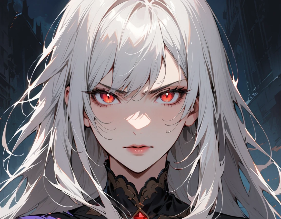 Long white hair, crimson eyes, evil, sexy, black and red clothes, evil face, evil, serious look, gloss lips, sinister, front look, bloody, gloves, close up, portrait, beautiful eyes, short dress, big white, dark place, night, sensual, straight hair cut, clear skin, evil, young 30 years girl, adult girl, solo, red, very long hair, ankle length hair, handsome older WOMAN,crimson-eyes,crimson pupils,Long white hair,Hyperresolution,accuracy,Detailed rendering,(Image of fine hair)(topquality)(Masterpieces of masters)(High degree of completeness)(A sense of atmosphere)tmasterpiece,Super detailed and super detailed(((half-body portrait)))(((Older woman)))