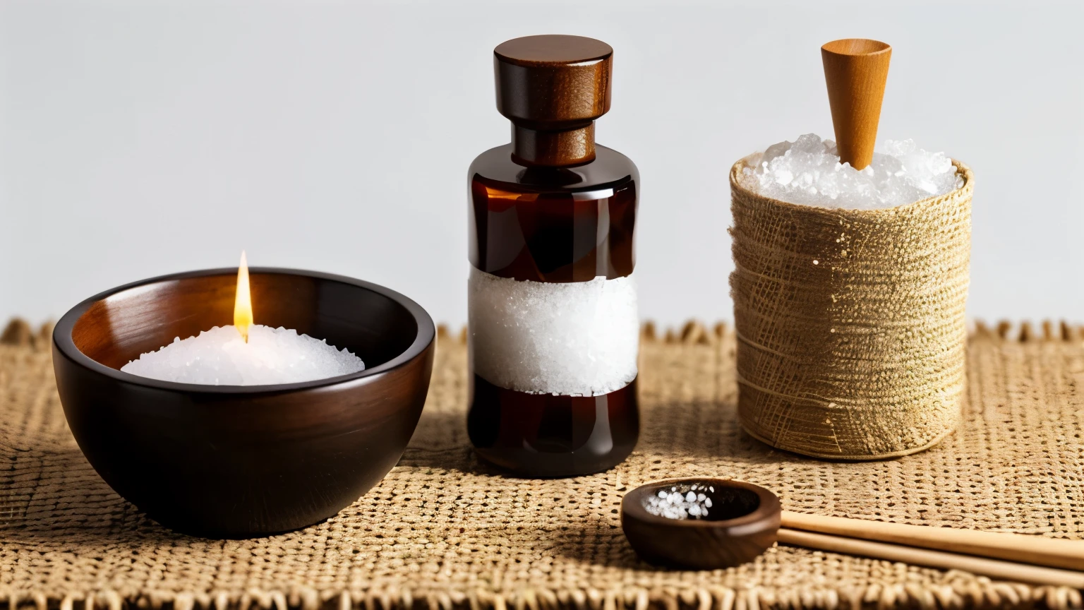 A beautiful arrangement of items effective for warding off evil spirits, such as crystals, morijio (salt mound), incense, sandalwood, and Shinto amulets. (clean, minimalist, elegant, mysterious)