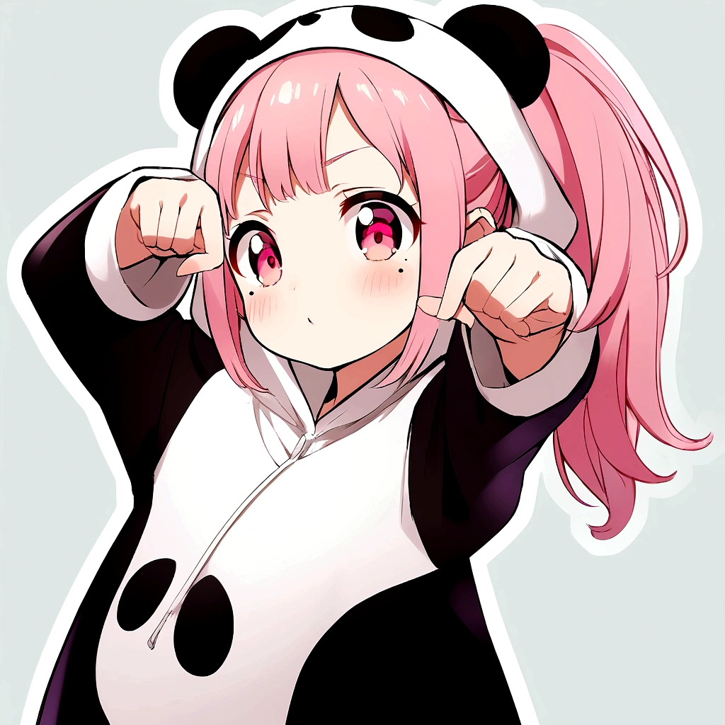 anime、Girl in panda costume、Pink Hair、Mole under the eye、Pink eyeball、Cute pose