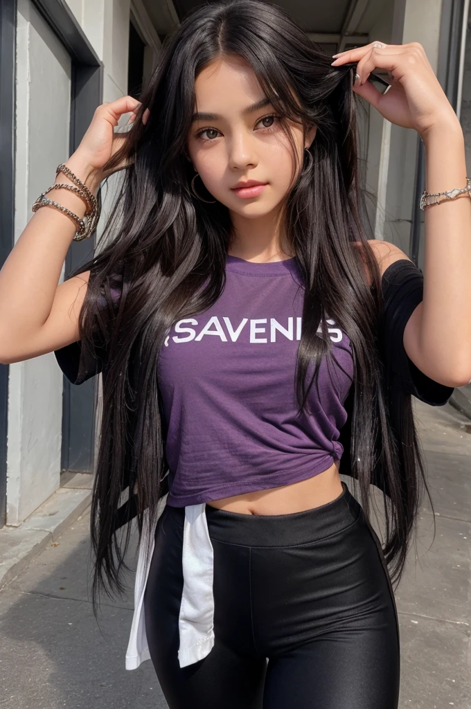 /imagine A  cute, pretty girl with long shoulder length black hairs and brown eyes. She wears a sliver bracelet. She has wear a purple oversized T-shirt with a BTS logo on it and BTS written below it and she had also wear a black leggings with fancy girly oversized shoes