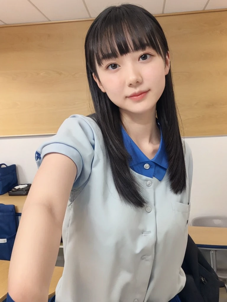 slender girl, (make up:1.1), (ニットセーター:1.2), middle breasts, at school room, (upper body shot:1.1), round face
