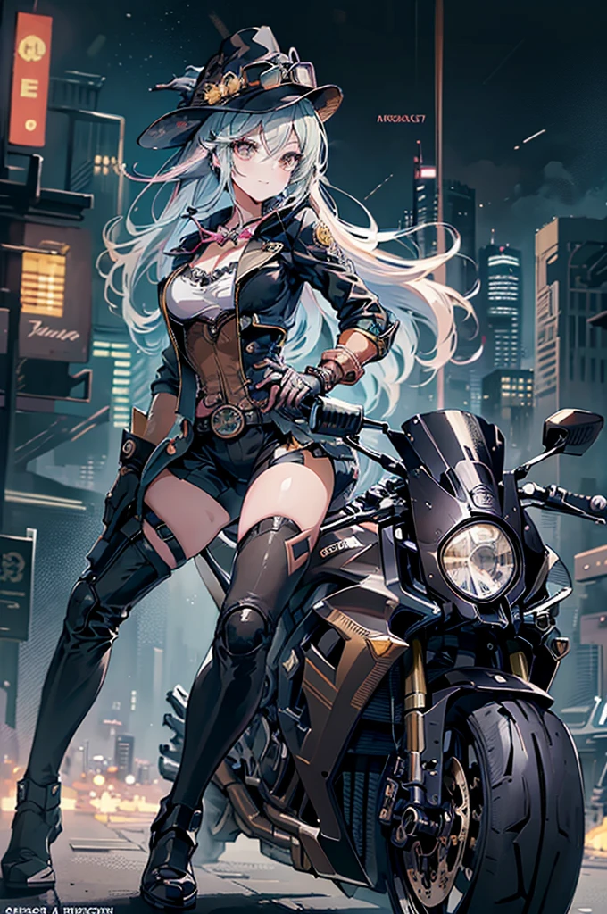 (Manga style),(Line art_anime),(Cowboy Shot, Highest quality, ),(Laura Budd Photos:1.2),(Laura Add details:1.0),8K, Flat Color:0.8,Dynamic Angle,1 Girl,smile、(Steampunk Bike Ride 1.5)、Exquisitely decorated motorcycle、(Highly decorative and complex mechanical steampunk fashion, Lace flare dolphin hat、Goggles 1.5、machinery background、Gear background、An elaborately mechanized steampunk cityscape 1.5),