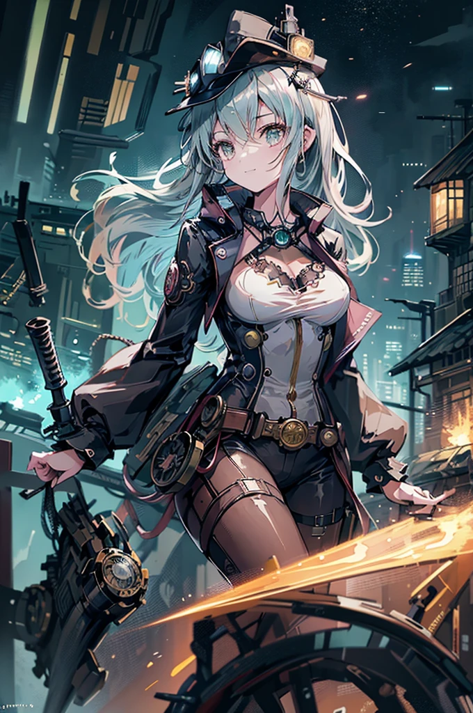 (Manga style),(Line art_anime),(Cowboy Shot, Highest quality, ),(Laura Budd Photos:1.2),(Laura Add details:1.0),8K, Flat Color:0.8,Dynamic Angle,1 Girl,smile、(Steampunk Bike Ride 1.5)、Exquisitely decorated motorcycle、(Highly decorative and complex mechanical steampunk fashion, Lace flare dolphin hat、Goggles 1.5、machinery background、Gear background、An elaborately mechanized steampunk cityscape 1.5),